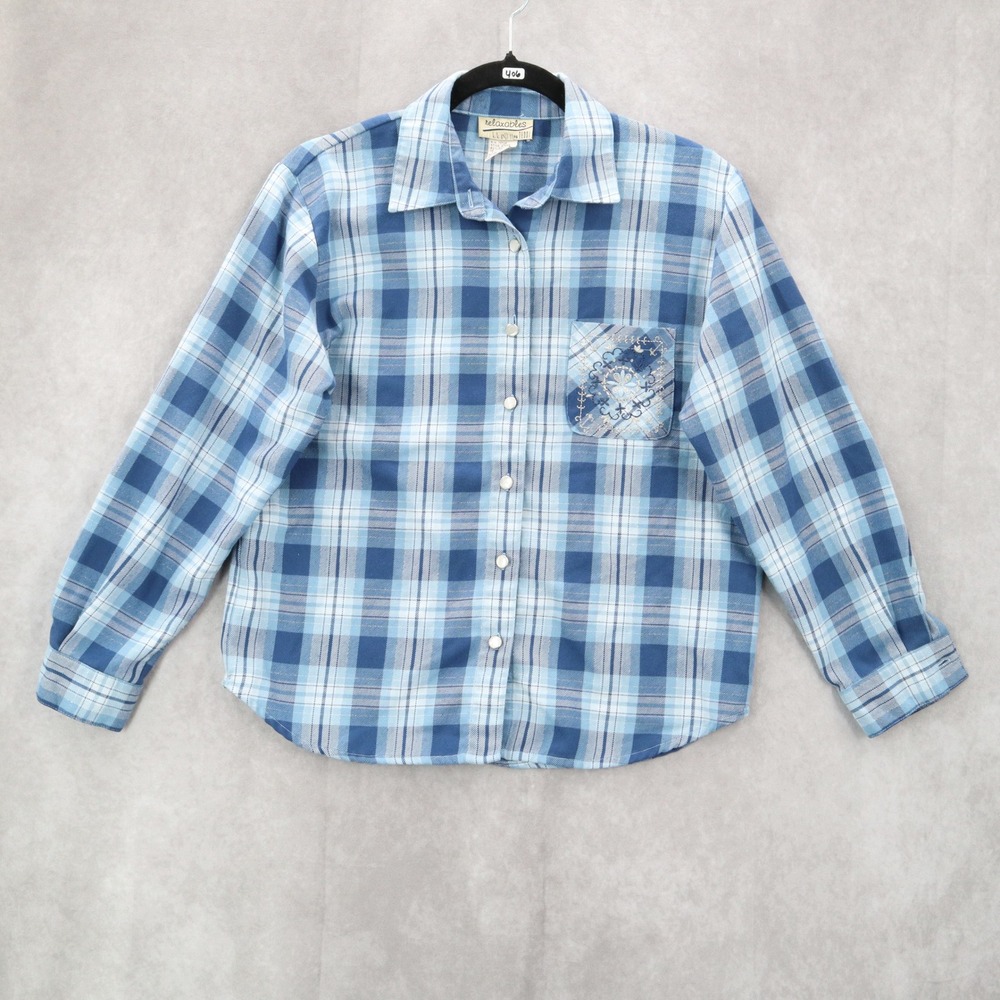 Teddi Blue Plaid Flannel Western Long Sleeve Button Up VTG College Petite Small‎
